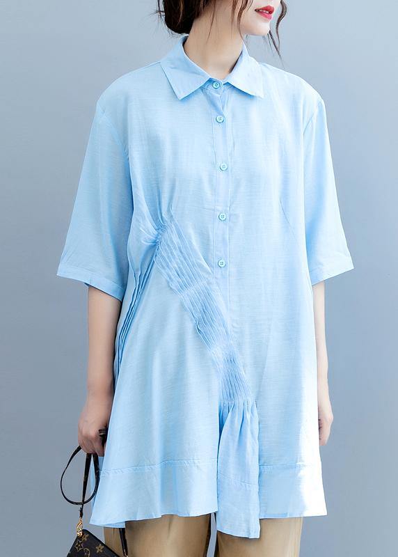 Handmade light blue Blouse lapel half sleeve Midi blouses - bagstylebliss