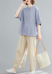 Handmade light blue linen linen tops women blouses Work Button Down elastic waist shirts - bagstylebliss