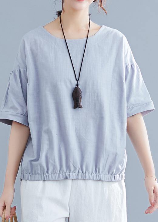 Handmade light gray cotton linen shirts women o neck half sleeve summer tops - bagstylebliss