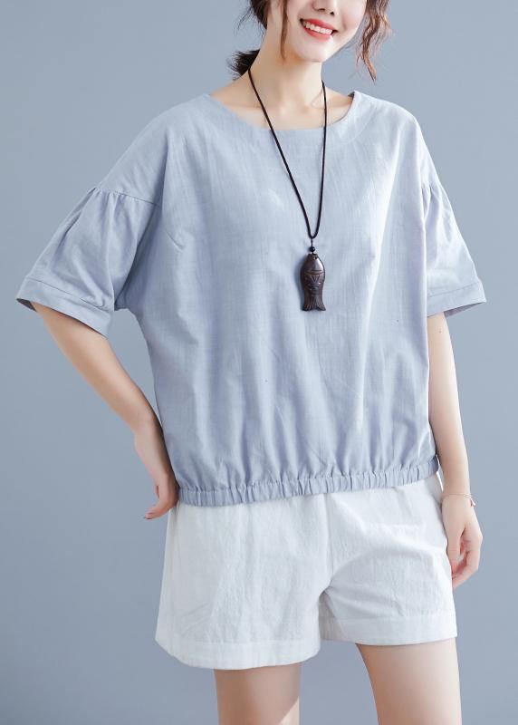 Handmade light gray cotton linen shirts women o neck half sleeve summer tops - bagstylebliss