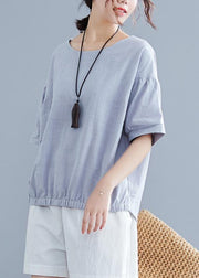 Handmade light gray cotton linen shirts women o neck half sleeve summer tops - bagstylebliss