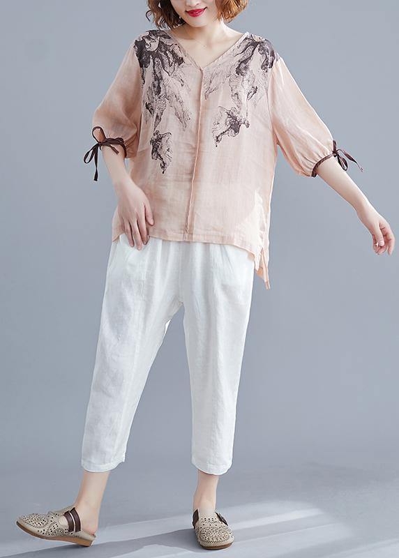 Handmade light pink print cotton linen Blouse v neck side open summer top - bagstylebliss