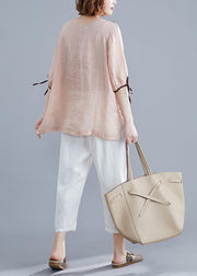Handmade light pink print cotton linen Blouse v neck side open summer top - bagstylebliss