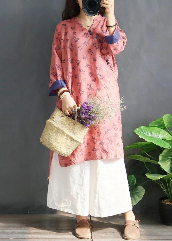 Handmade linen Robes Organic Retro Plant Print V-Neck Loose Ramie Blouse - bagstylebliss