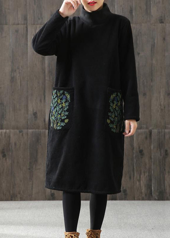 Handmade linen Tunics Women printing Turtleneck Winter Cotton Midi Dress