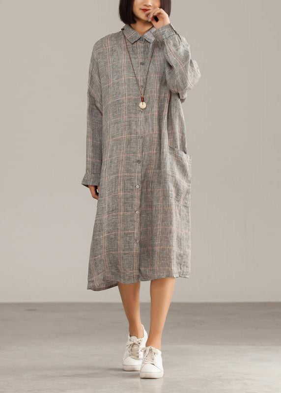 Handmade linen dresses 18th Century Dark Gray Linen Plaid Casual Autumn Shirtdress