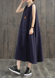 Handmade linen quilting dresses Korea Pure Color Appliques Sleeveless Dress For Women - bagstylebliss