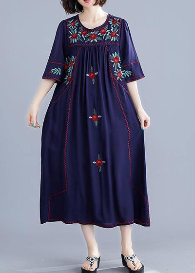 Handmade navy embroidery cotton clothes For Women o neck Cinched cotton robes summer Dress - bagstylebliss