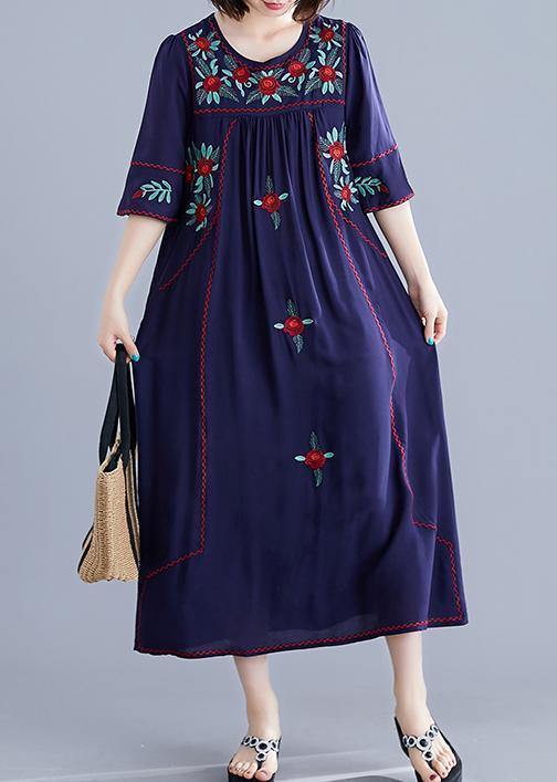 Handmade navy embroidery cotton clothes For Women o neck Cinched cotton robes summer Dress - bagstylebliss