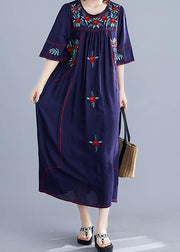 Handmade navy embroidery cotton clothes For Women o neck Cinched cotton robes summer Dress - bagstylebliss