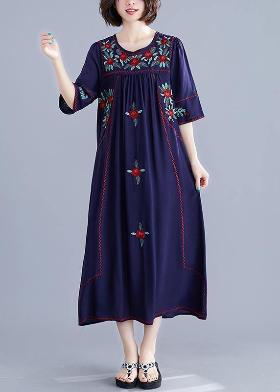 Handmade navy embroidery cotton clothes For Women o neck Cinched cotton robes summer Dress - bagstylebliss