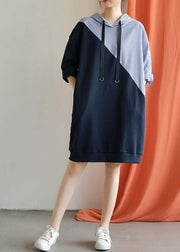 Handmade navy patchwork Cotton quilting clothes hooded daily fall Dress - bagstylebliss