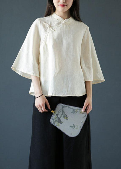 Handmade nude linen Blouse stand collar Chinese Button tunic shirts - bagstylebliss