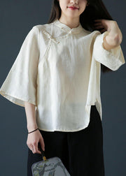 Handmade nude linen Blouse stand collar Chinese Button tunic shirts - bagstylebliss