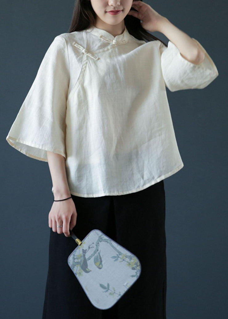 Handmade nude linen Blouse stand collar Chinese Button tunic shirts - bagstylebliss