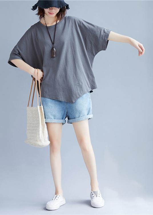 Handmade o neck asymmetric cotton clothes For Women gray blouse - bagstylebliss