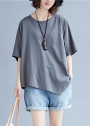 Handmade o neck asymmetric cotton clothes For Women gray blouse - bagstylebliss