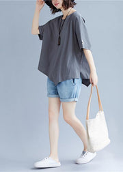 Handmade o neck asymmetric cotton clothes For Women gray blouse - bagstylebliss