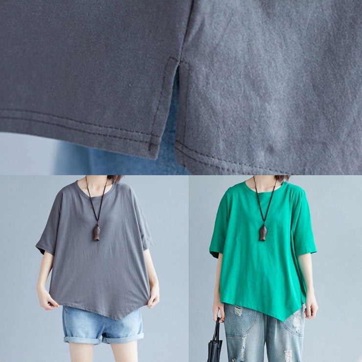 Handmade o neck asymmetric cotton clothes For Women gray blouse - bagstylebliss