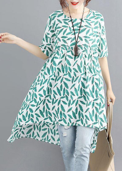 Handmade o neck asymmetric cotton linen dresses green print Dresses summer - bagstylebliss