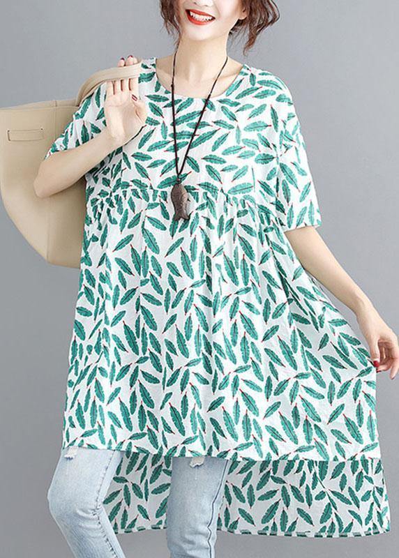 Handmade o neck asymmetric cotton linen dresses green print Dresses summer - bagstylebliss