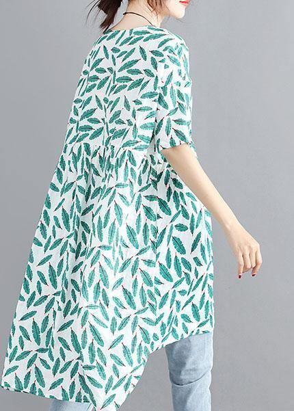 Handmade o neck asymmetric cotton linen dresses green print Dresses summer - bagstylebliss