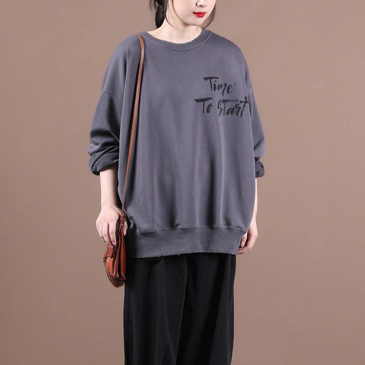 Handmade o neck baggy fall clothes For Women design dark gray Letter top - bagstylebliss