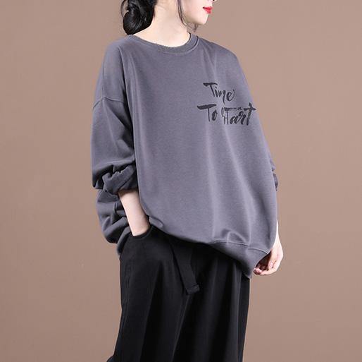 Handmade o neck baggy fall clothes For Women design dark gray Letter top - bagstylebliss