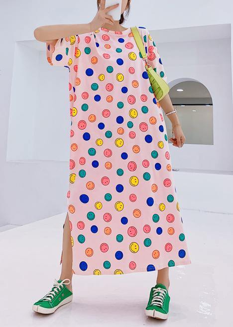 Handmade o neck clothes Women Neckline pink Smiley print Plus Size Dresses - bagstylebliss