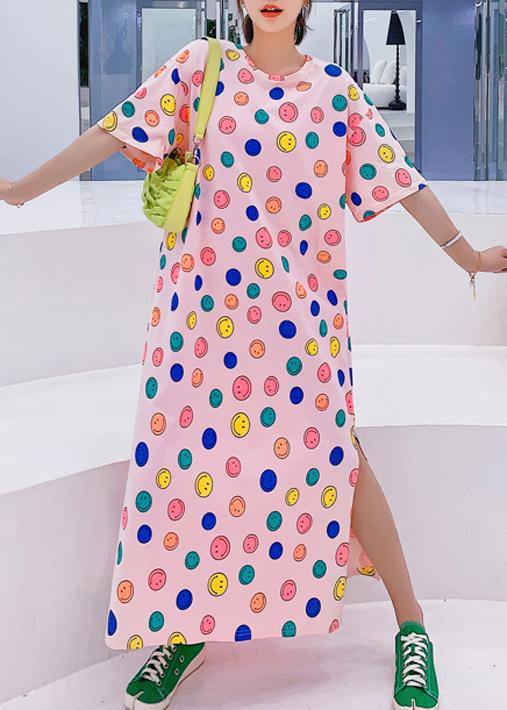 Handmade o neck clothes Women Neckline pink Smiley print Plus Size Dresses - bagstylebliss