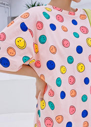 Handmade o neck clothes Women Neckline pink Smiley print Plus Size Dresses - bagstylebliss