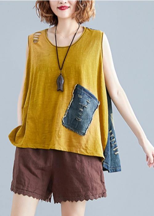 Handmade o neck cotton tops women Shape yellow patchwork denim tops - bagstylebliss