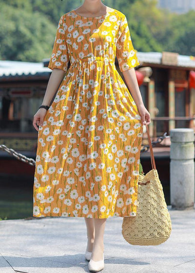Handmade o neck drawstring cotton yellow print Maxi Dress summer - bagstylebliss