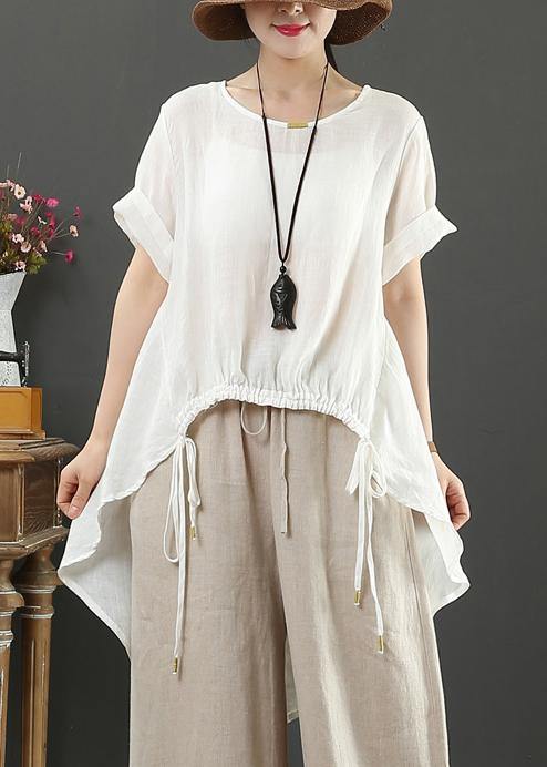 Handmade o neck drawstring linen summer Blouse Shape white shirts - bagstylebliss