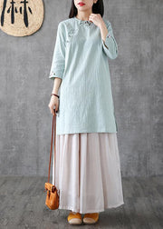 Handmade o neck embroidery linen clothes For Women Catwalk light green Dresses - bagstylebliss