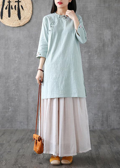 Handmade o neck embroidery linen clothes For Women Catwalk light green Dresses - bagstylebliss