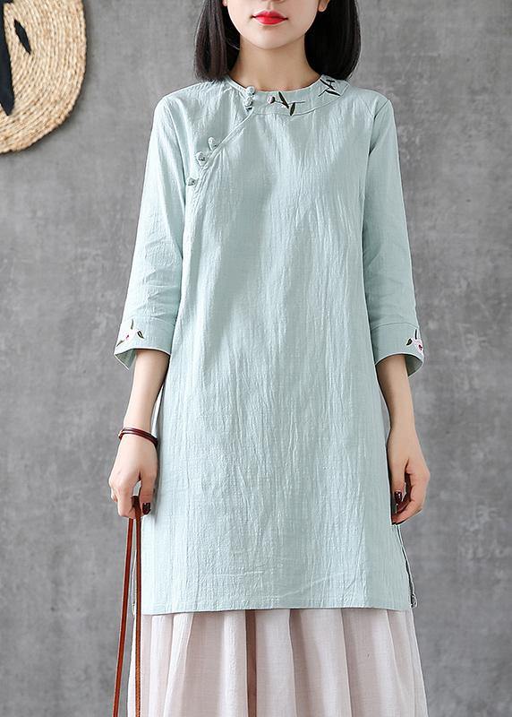 Handmade o neck embroidery linen clothes For Women Catwalk light green Dresses - bagstylebliss