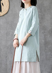 Handmade o neck embroidery linen clothes For Women Catwalk light green Dresses - bagstylebliss