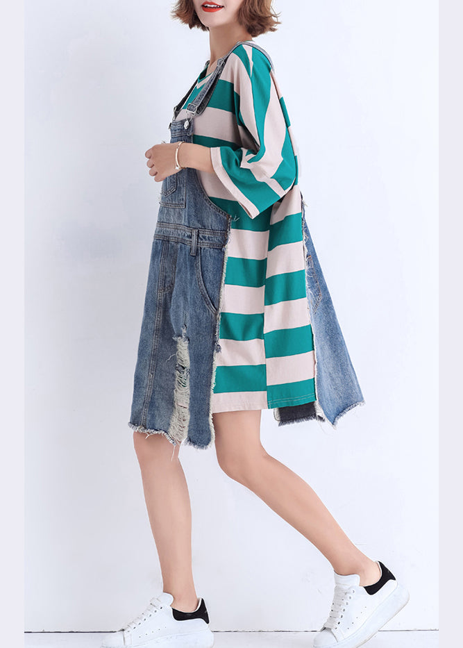 Handmade o neck false two pieces Cotton Wardrobes Sweets Runway green striped short Dresses Summer