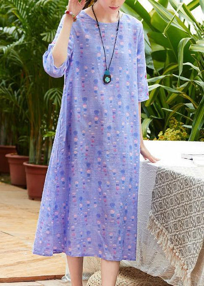 Handmade o neck half sleeve linen dress Fabrics light purple Dresses summer - bagstylebliss