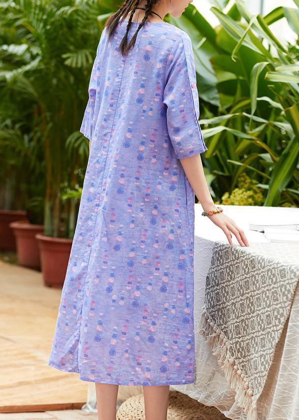 Handmade o neck half sleeve linen dress Fabrics light purple Dresses summer - bagstylebliss