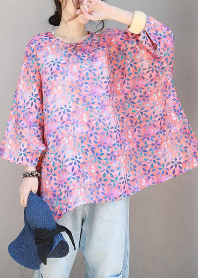 Handmade o neck linen clothes Wardrobes pink floral blouses bracelet sleeved - bagstylebliss