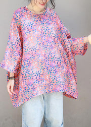 Handmade o neck linen clothes Wardrobes pink floral blouses bracelet sleeved - bagstylebliss