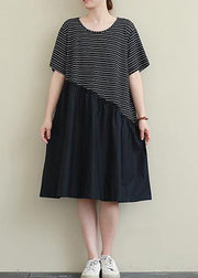 Handmade o neck patchwork Cotton Tunic Neckline black striped Dress - bagstylebliss