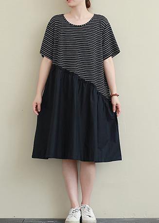 Handmade o neck patchwork Cotton Tunic Neckline black striped Dress - bagstylebliss