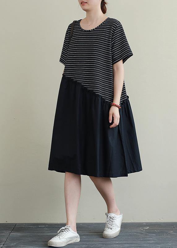 Handmade o neck patchwork Cotton Tunic Neckline black striped Dress - bagstylebliss