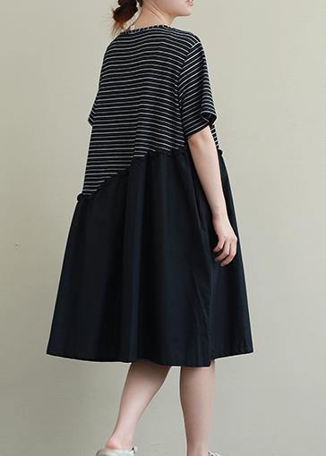 Handmade o neck patchwork Cotton Tunic Neckline black striped Dress - bagstylebliss