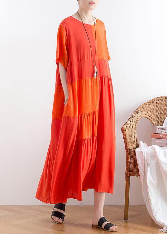 Handmade o neck patchwork cotton clothes For Women Catwalk orange long Dress - bagstylebliss