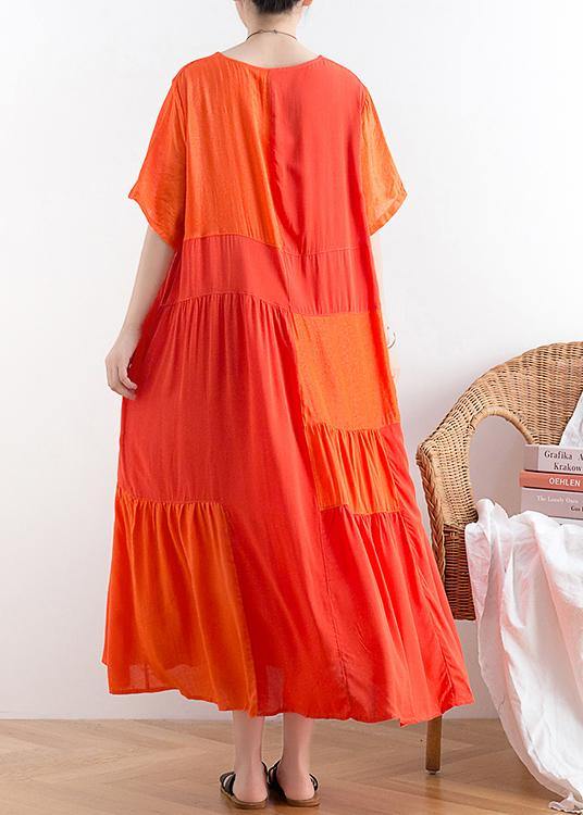 Handmade o neck patchwork cotton clothes For Women Catwalk orange long Dress - bagstylebliss