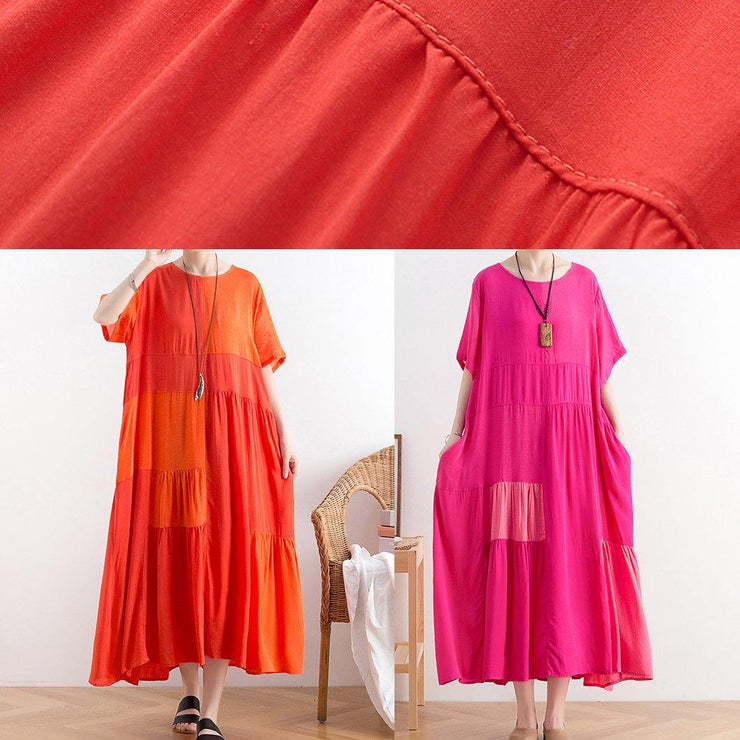 Handmade o neck patchwork cotton clothes For Women Catwalk orange long Dress - bagstylebliss